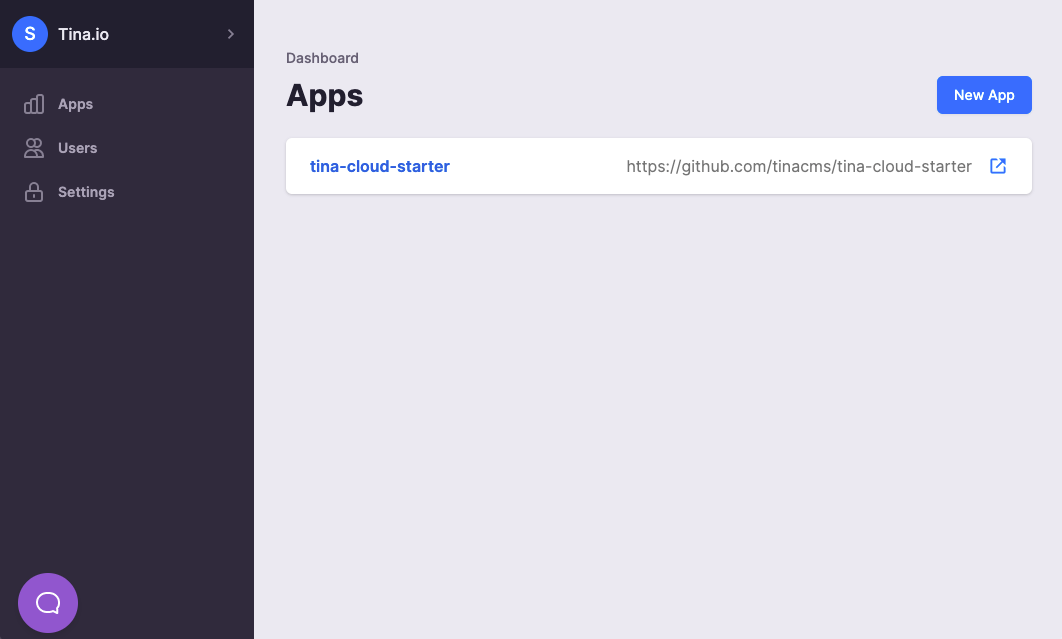 Tina Cloud Dashboard: Apps Tab