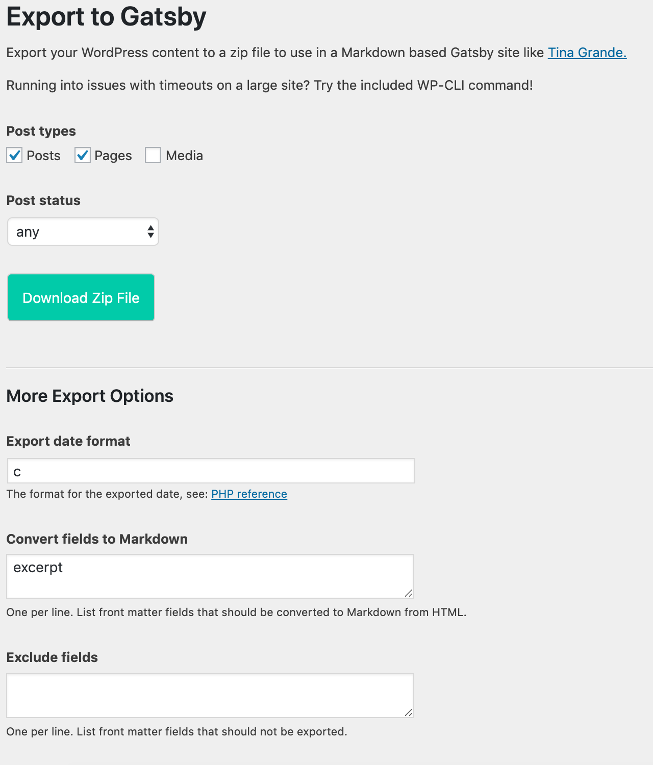 WP Gatsby Markdown Exporter plugin screenshot